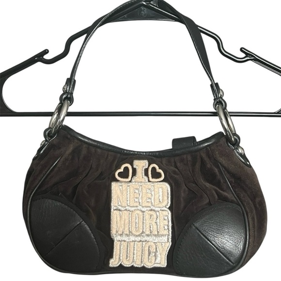 VTG Juicy Couture ‘I Need More Juicy’ Handbag Y2K Brown Velour Leather Trim - Picture 2 of 11